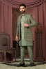 Men's Olive Green Mirror and Thread Embroidered Indo - Western with Sequinned Jacket - Mangaldeep NX