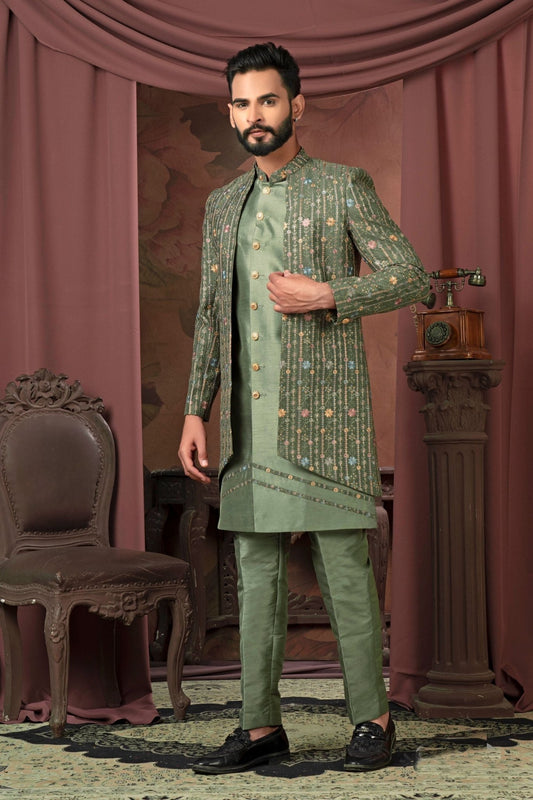 Men's Olive Green Mirror and Thread Embroidered Indo - Western with Sequinned Jacket - Mangaldeep NX