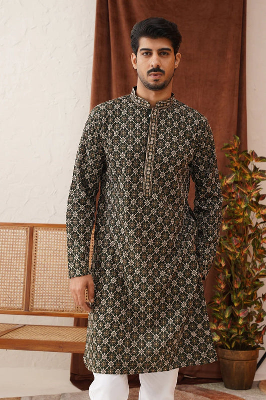 Men's Olive Green Printed Rayon Kurta Pyjama Set - Mangaldeep NX