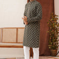 Men's Olive Green Printed Rayon Kurta Pyjama Set - Mangaldeep NX