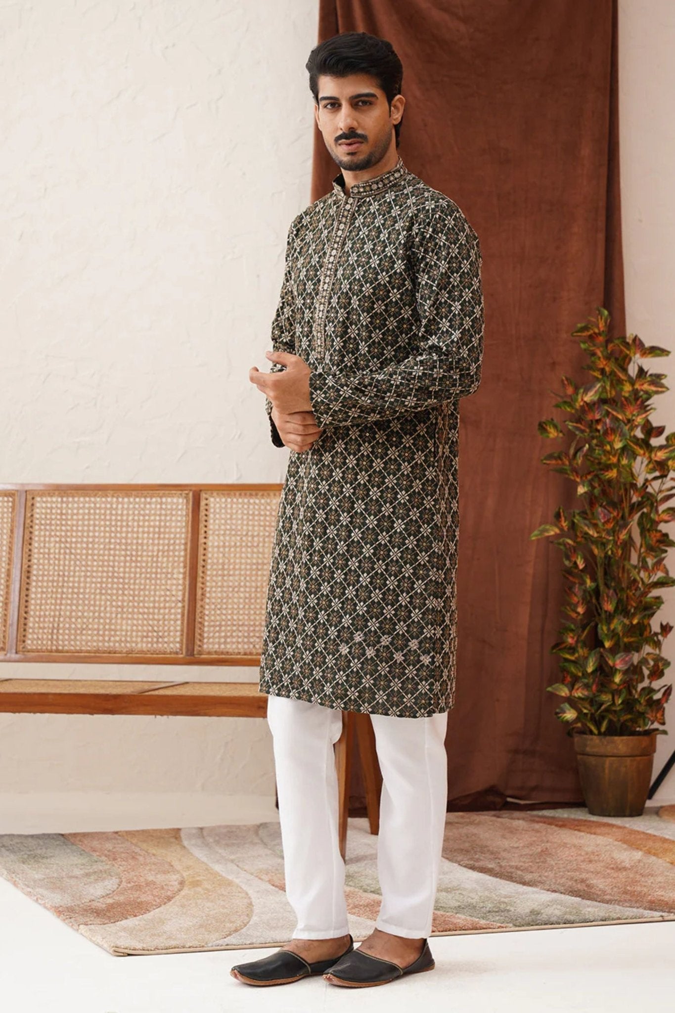 Men's Olive Green Printed Rayon Kurta Pyjama Set - Mangaldeep NX