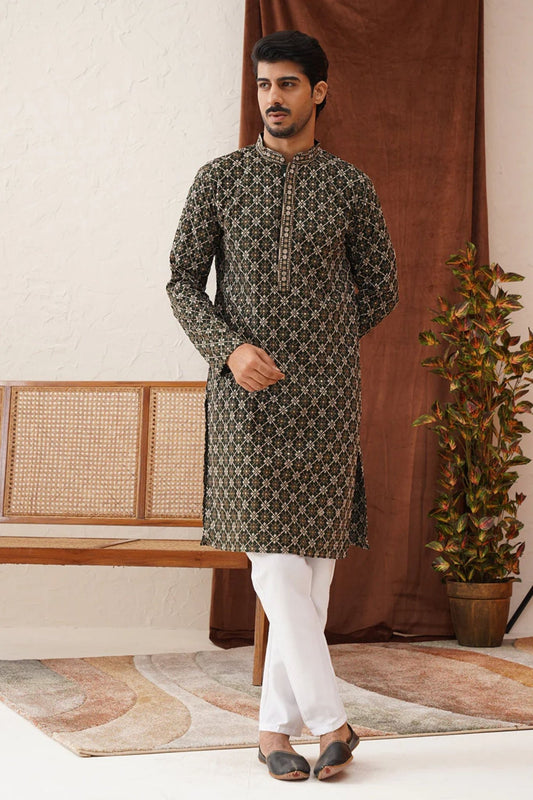Men's Olive Green Printed Rayon Kurta Pyjama Set - Mangaldeep NX