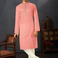 Men's Peach Art Silk Kurta Pyjama Set with Mirror Embroidered Placket - Mangaldeep NX
