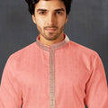 Men's Peach Art Silk Kurta Pyjama Set with Mirror Embroidered Placket - Mangaldeep NX