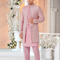 Men's Pink Art Silk Embroidered Indo - Western Suit with Textured Jacket - Mangaldeep NX