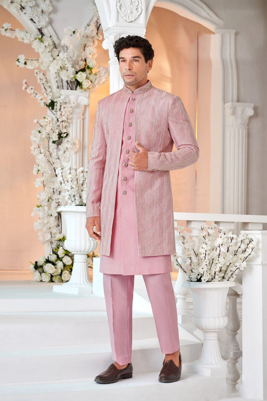 Men's Pink Art Silk Embroidered Indo - Western Suit with Textured Jacket - Mangaldeep NX