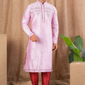 Men's Pink Art Silk Kurta Pyjama Set with Delicate Embroidery and Contrast Red Pants - Mangaldeep NX