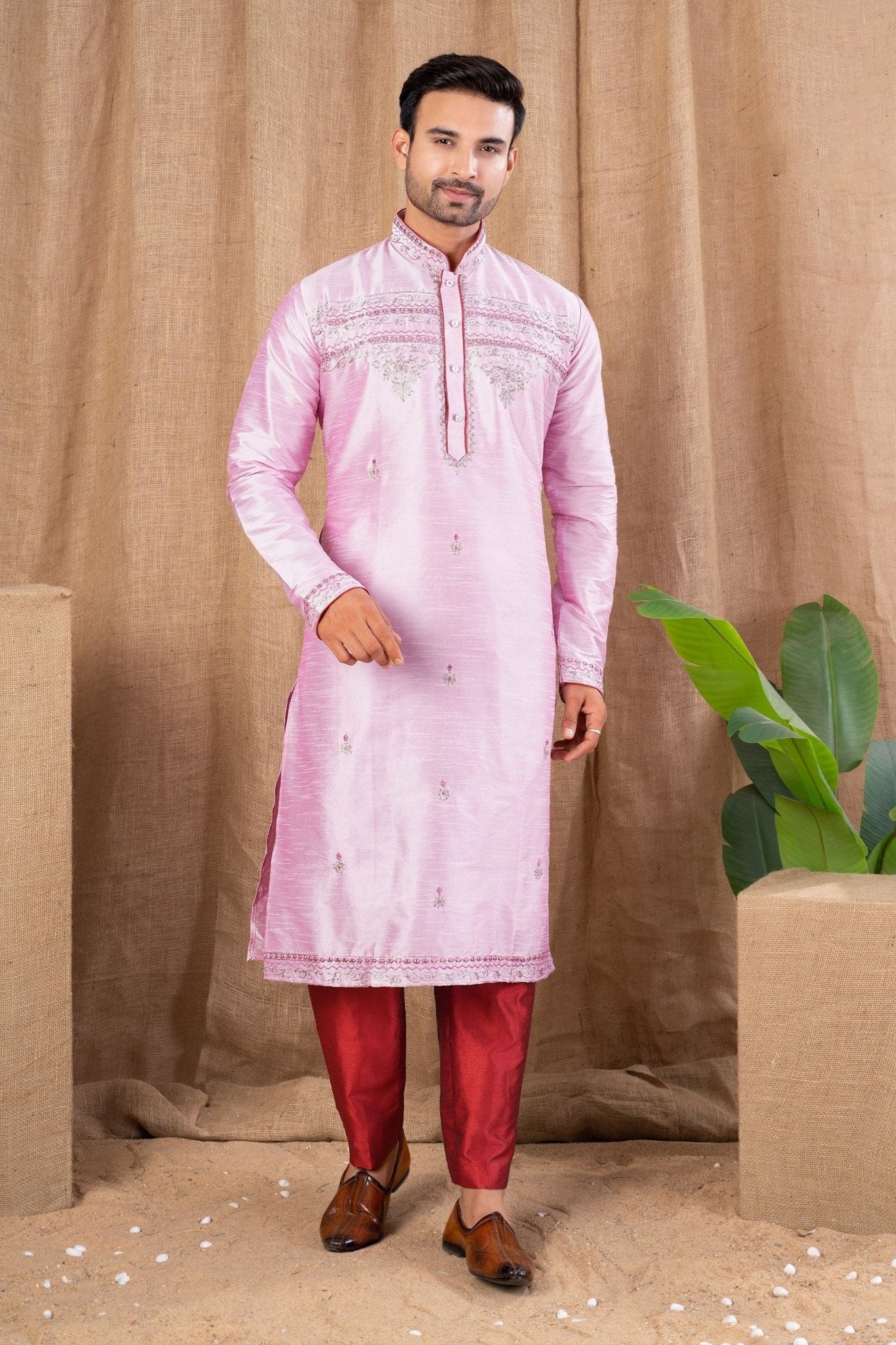 Men's Pink Art Silk Kurta Pyjama Set with Delicate Embroidery and Contrast Red Pants - Mangaldeep NX