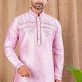 Men's Pink Art Silk Kurta Pyjama Set with Delicate Embroidery and Contrast Red Pants - Mangaldeep NX