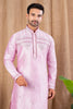 Men's Pink Art Silk Kurta Pyjama Set with Delicate Embroidery and Contrast Red Pants - Mangaldeep NX