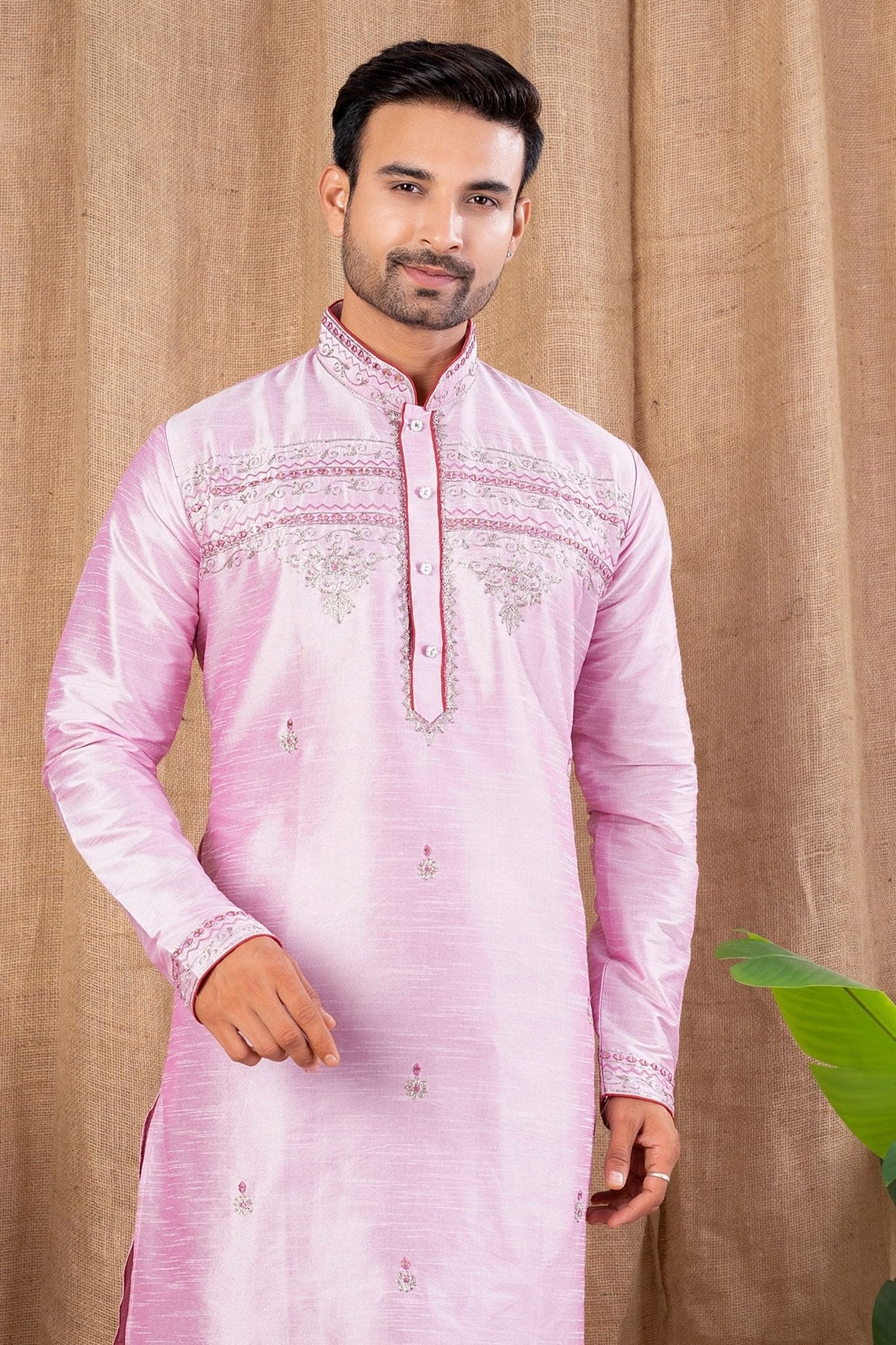 Men's Pink Art Silk Kurta Pyjama Set with Delicate Embroidery and Contrast Red Pants - Mangaldeep NX