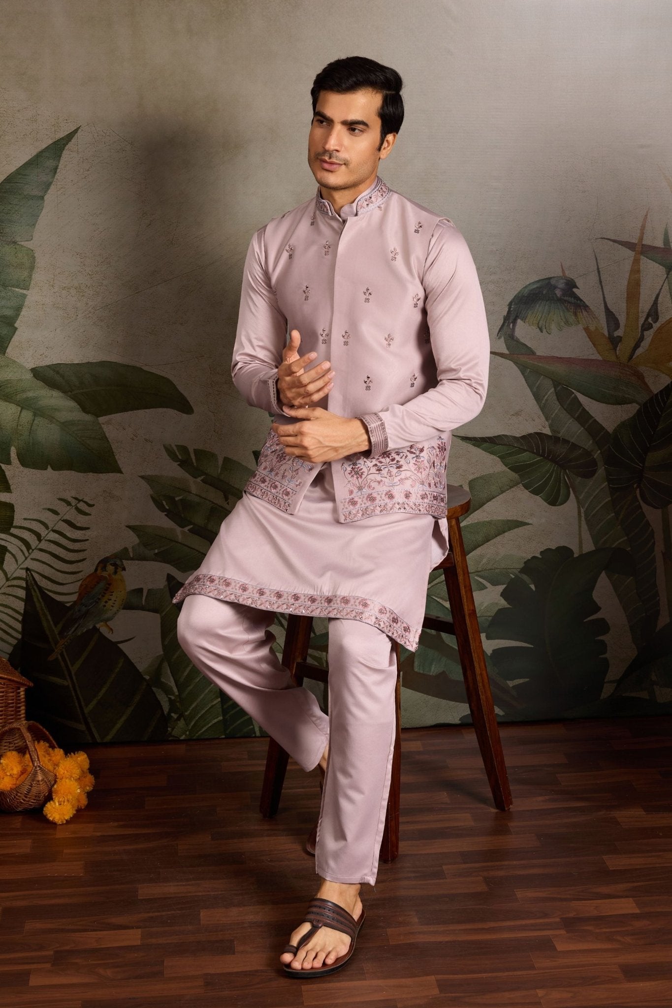 Men's Pink Mirror Embroidered Art Silk Kurta with Matching Pyjama - Mangaldeep NX