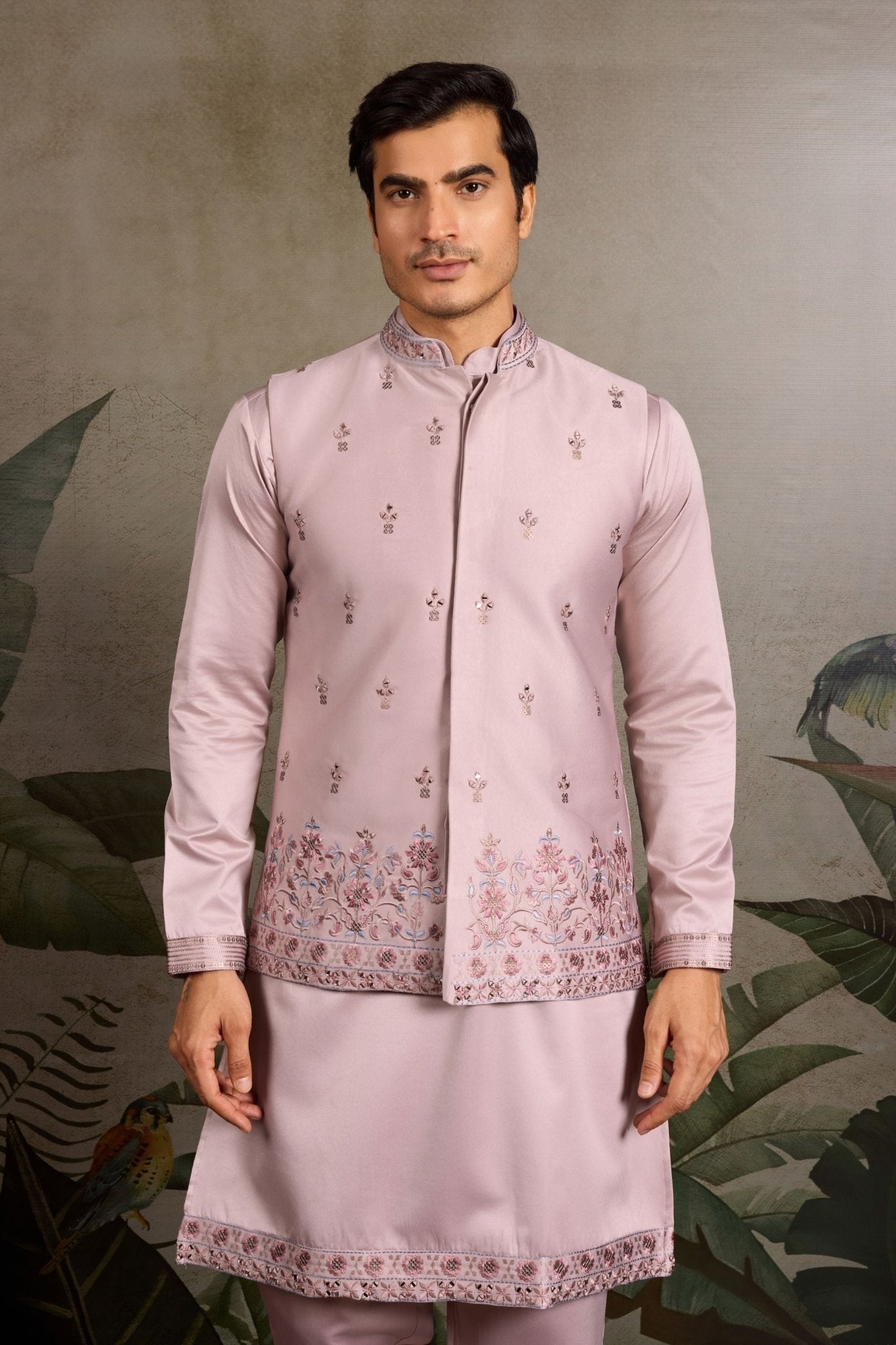 Men's Pink Mirror Embroidered Art Silk Kurta with Matching Pyjama - Mangaldeep NX