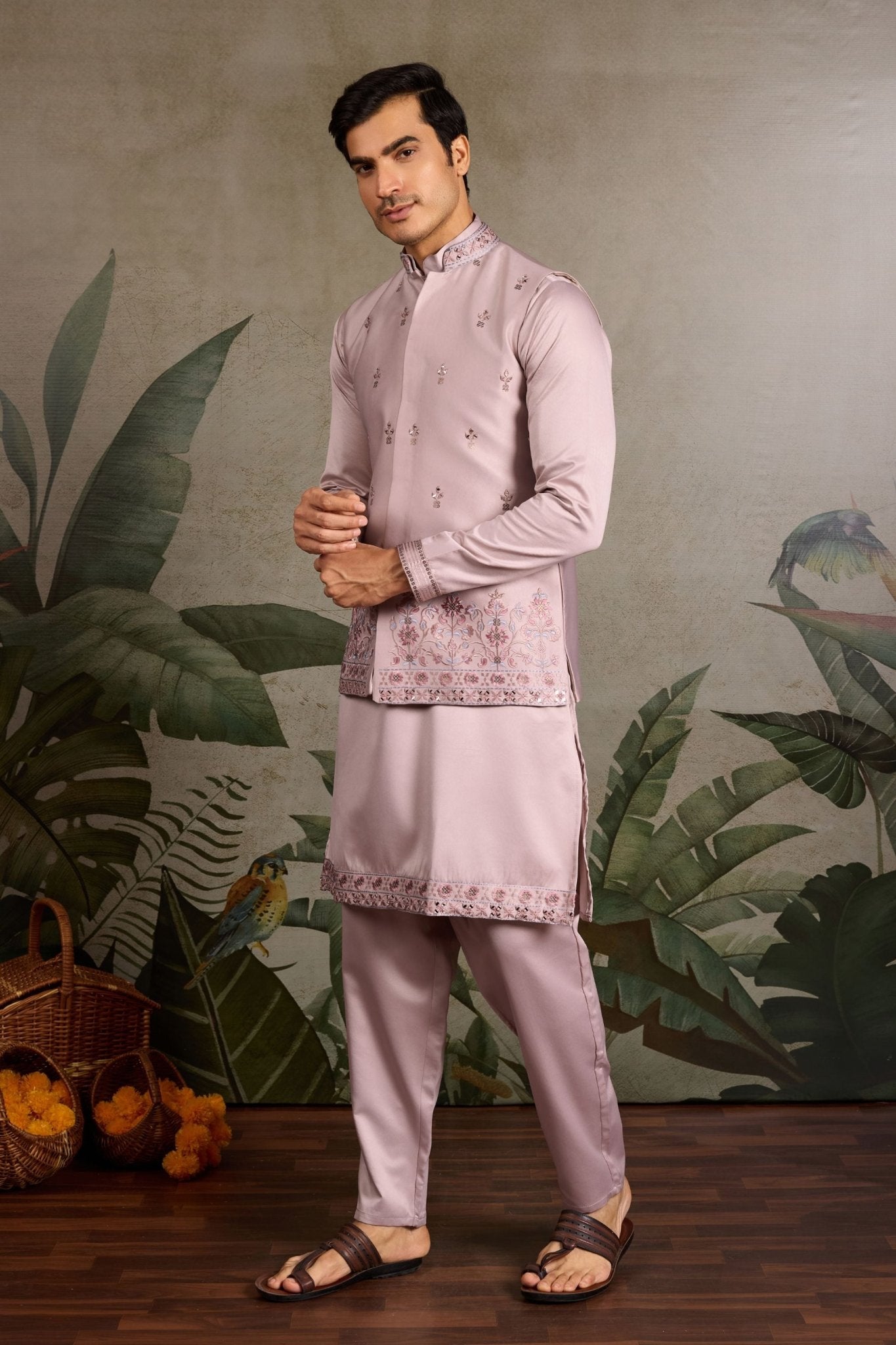 Men's Pink Mirror Embroidered Art Silk Kurta with Matching Pyjama - Mangaldeep NX