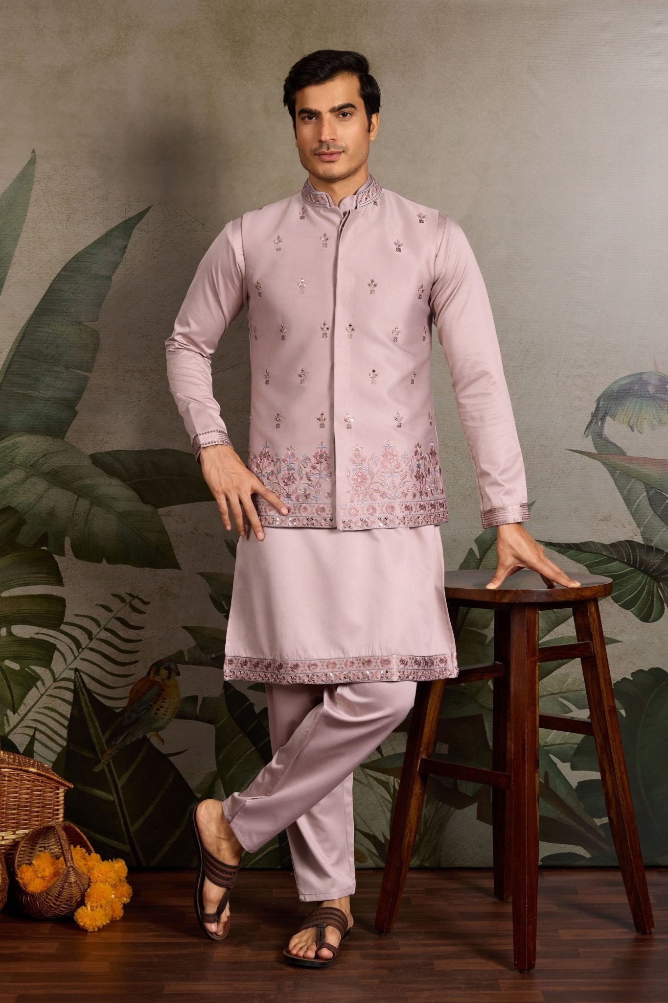 Men's Pink Mirror Embroidered Art Silk Kurta with Matching Pyjama - Mangaldeep NX