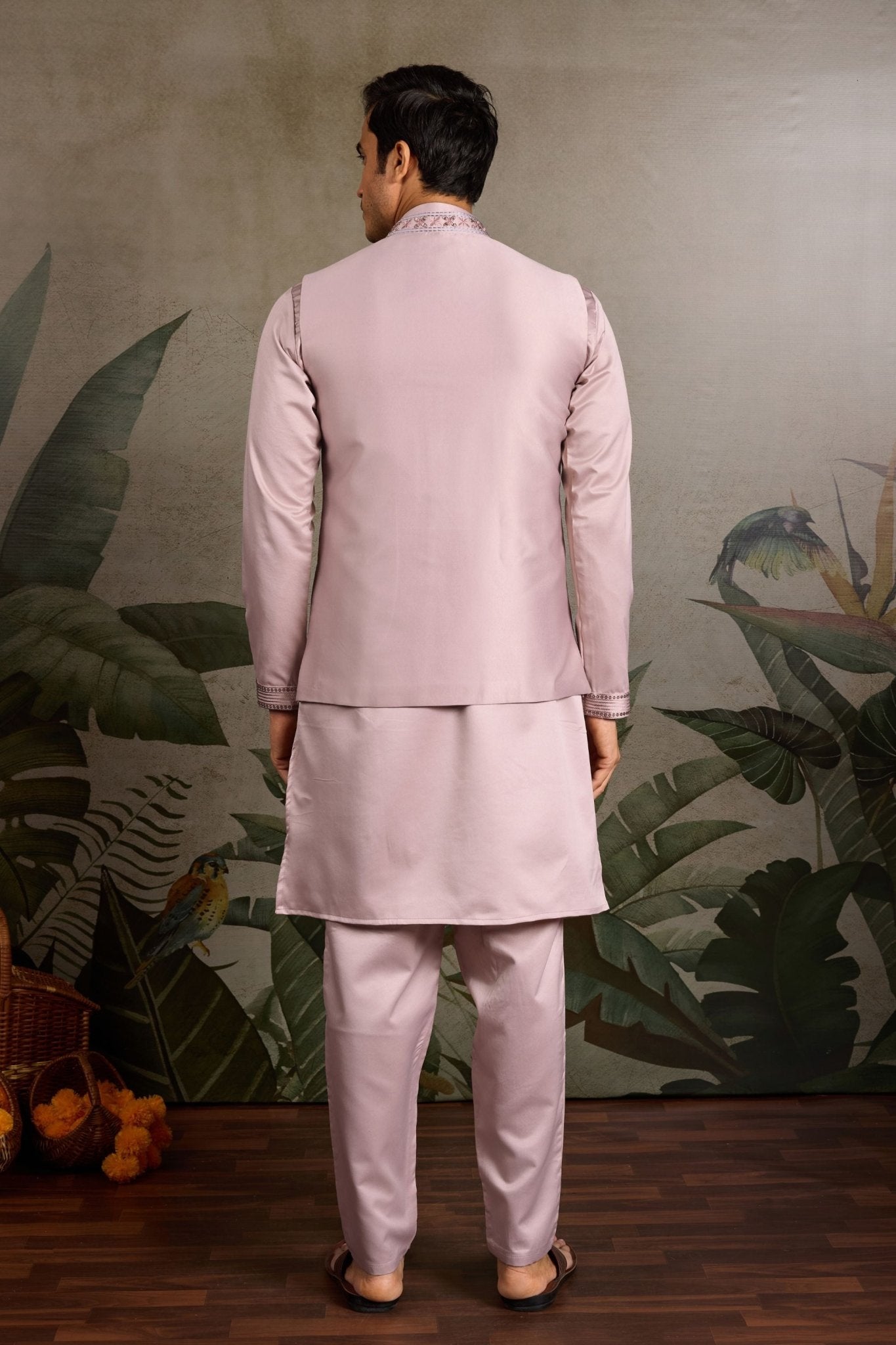 Men's Pink Mirror Embroidered Art Silk Kurta with Matching Pyjama - Mangaldeep NX