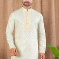 Men's Pista Green Art Silk Kurta Pyjama Set with Self - Weave Pattern and Pleated Placket - Mangaldeep NX