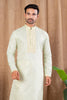 Men's Pista Green Art Silk Kurta Pyjama Set with Self - Weave Pattern and Pleated Placket - Mangaldeep NX