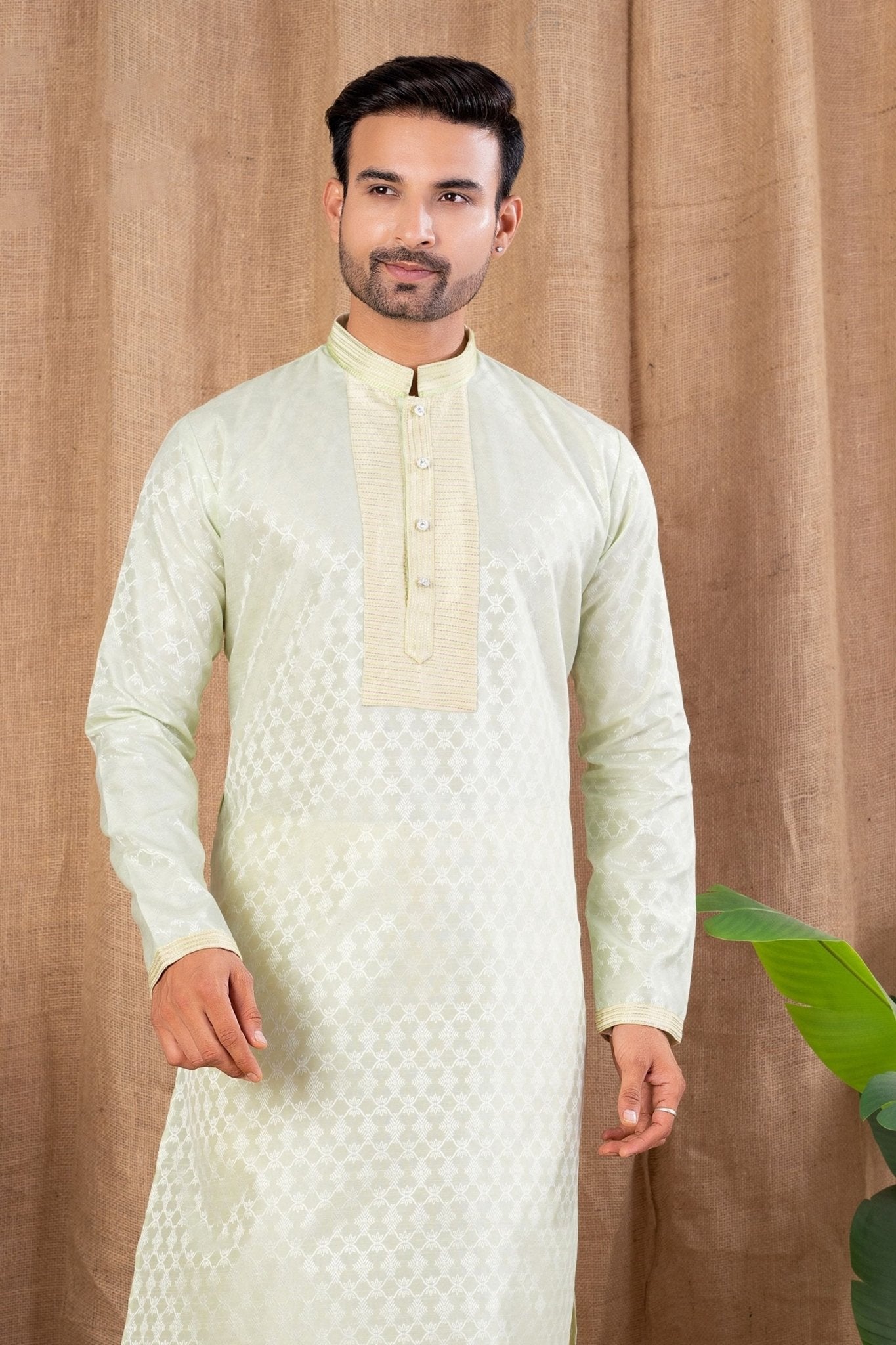 Men's Pista Green Art Silk Kurta Pyjama Set with Self - Weave Pattern and Pleated Placket - Mangaldeep NX
