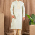 Men's Pista Green Art Silk Kurta Pyjama Set with Self - Weave Pattern and Pleated Placket - Mangaldeep NX