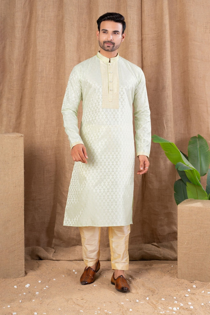 Men's Pista Green Art Silk Kurta Pyjama Set with Self - Weave Pattern and Pleated Placket - Mangaldeep NX