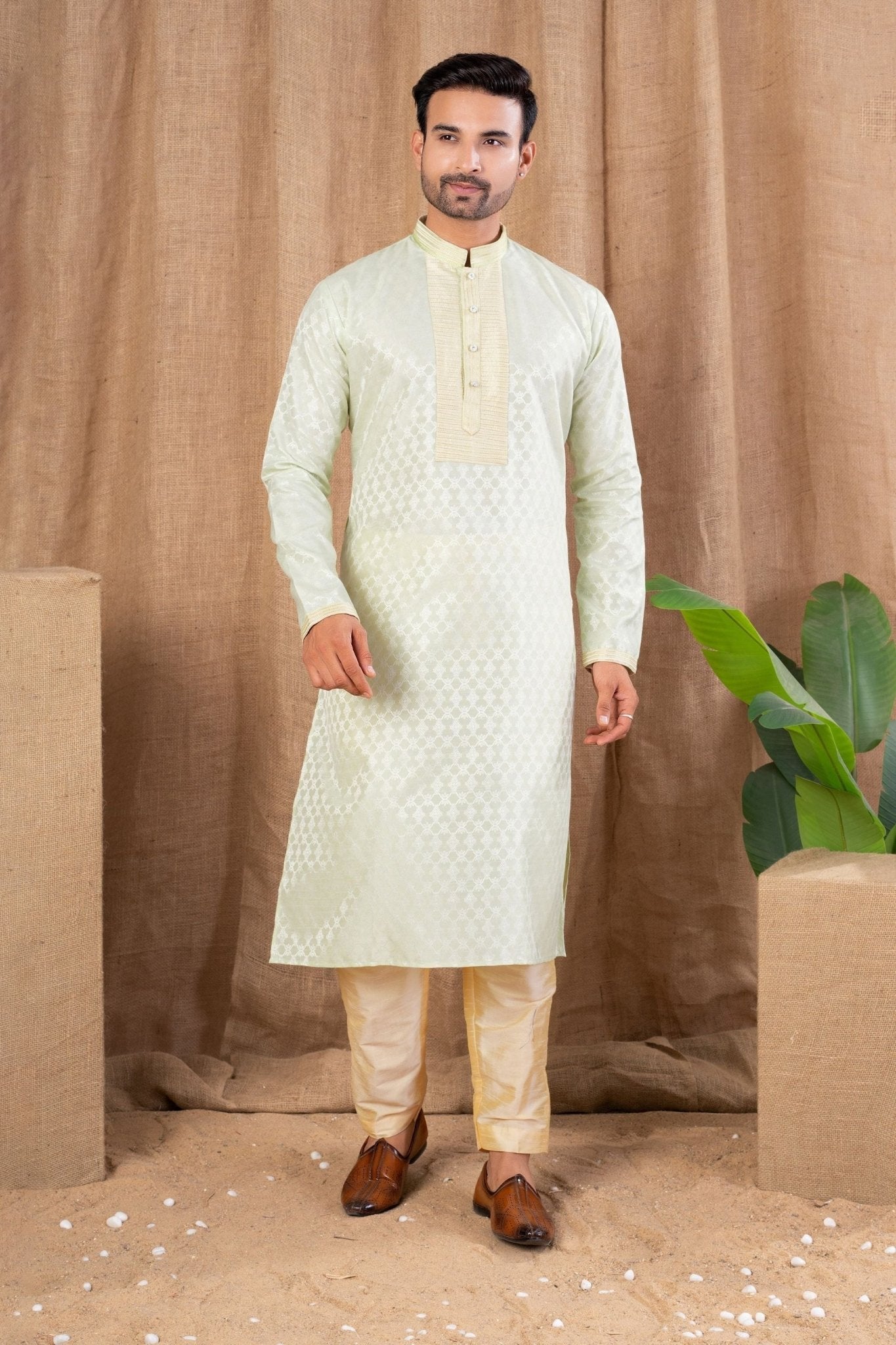 Men's Pista Green Art Silk Kurta Pyjama Set with Self - Weave Pattern and Pleated Placket - Mangaldeep NX