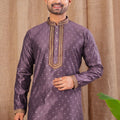 Men's Purple Art Silk Kurta Pyjama Set with Self - Weave Pattern and Embroidered Placket - Mangaldeep NX