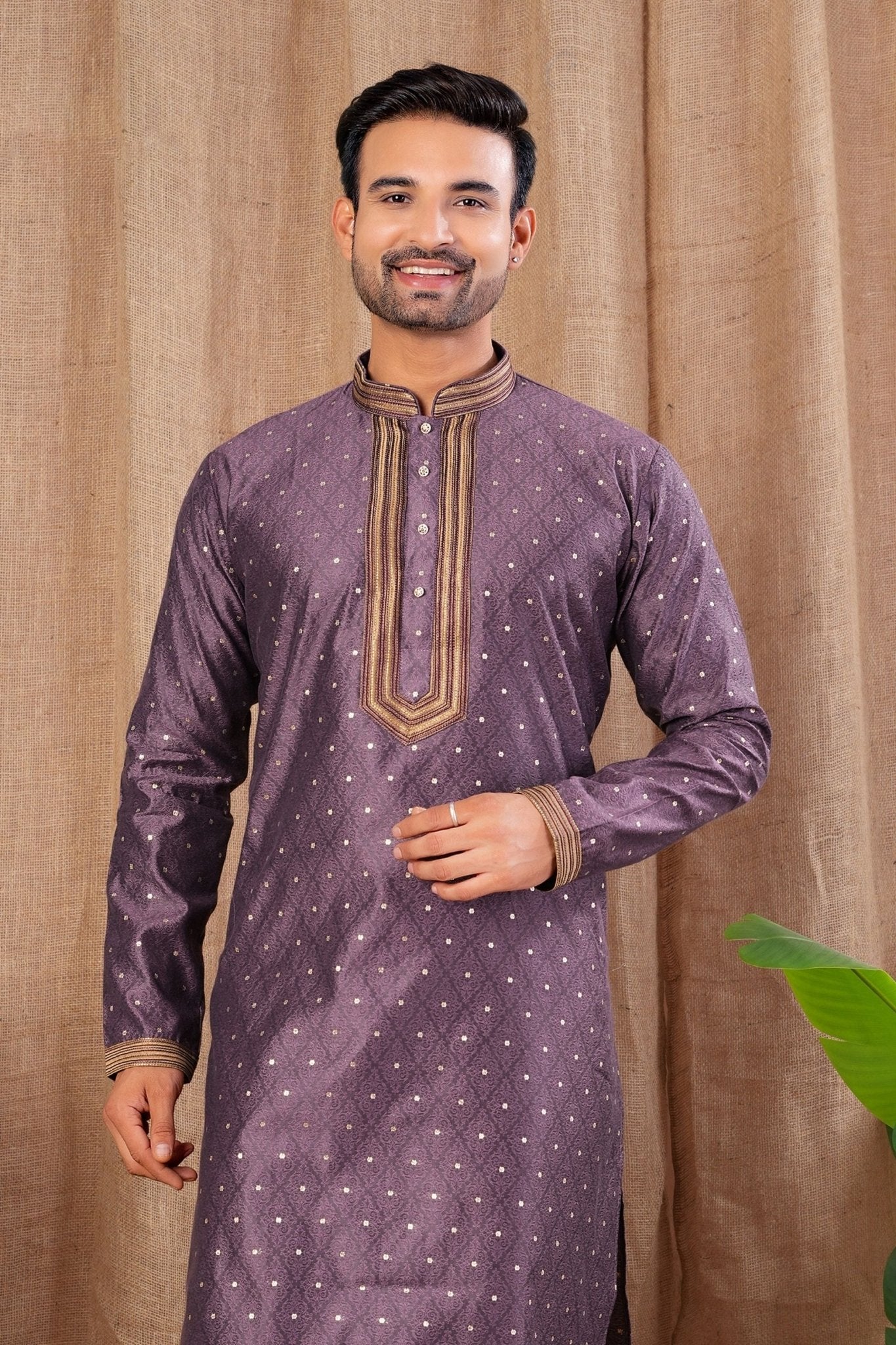 Men's Purple Art Silk Kurta Pyjama Set with Self - Weave Pattern and Embroidered Placket - Mangaldeep NX