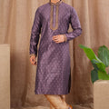Men's Purple Art Silk Kurta Pyjama Set with Self - Weave Pattern and Embroidered Placket - Mangaldeep NX
