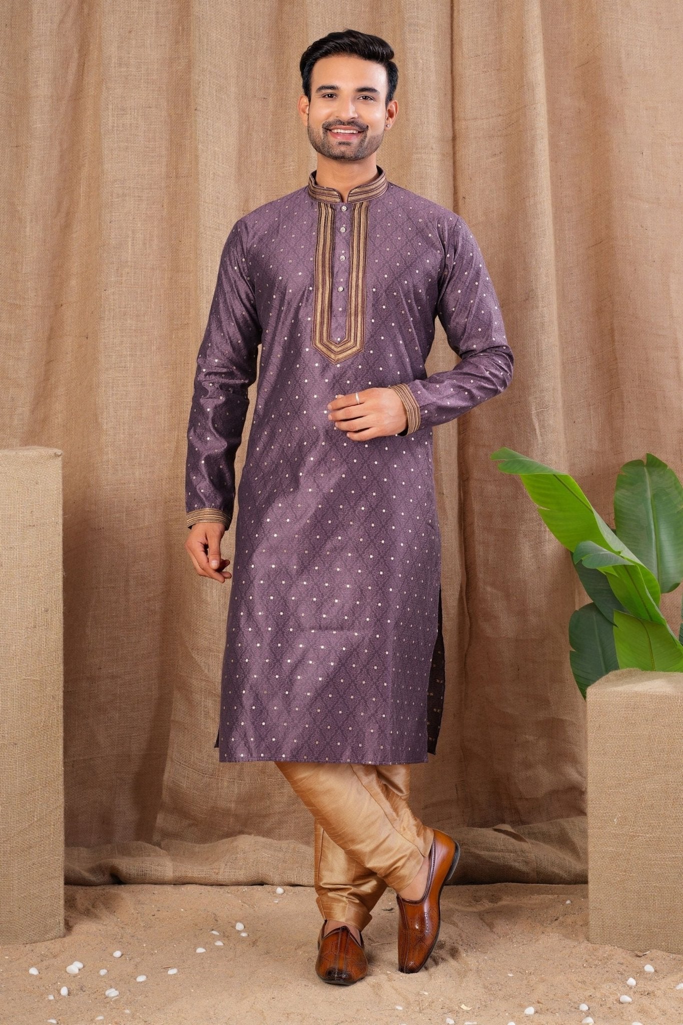 Men's Purple Art Silk Kurta Pyjama Set with Self - Weave Pattern and Embroidered Placket - Mangaldeep NX