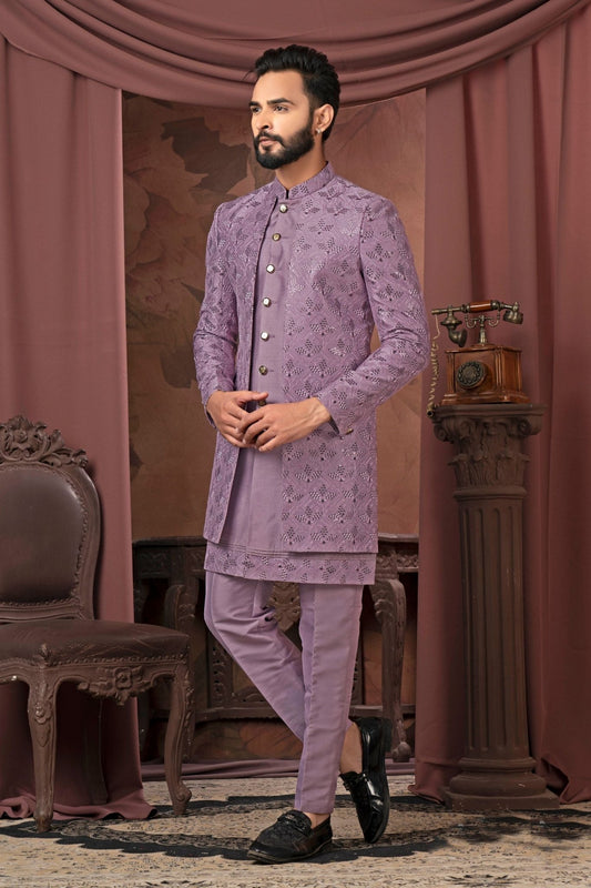 Men's Purple Thread Embroidered Indo - Western with Textured Floral Jacket - Mangaldeep NX