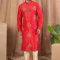 Men's Red Art Silk Kurta Pyjama Set with All - Over Embroidery and Mirror Work Placket - Mangaldeep NX