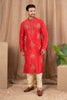 Men's Red Art Silk Kurta Pyjama Set with All - Over Embroidery and Mirror Work Placket - Mangaldeep NX
