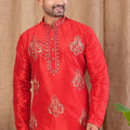 Men's Red Art Silk Kurta Pyjama Set with All - Over Embroidery and Mirror Work Placket - Mangaldeep NX