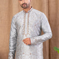 Men's Silver Art Silk Kurta Pyjama Set with Heavy Thread Embroidery and Contrast Red Bottoms - Mangaldeep NX