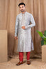 Men's Silver Art Silk Kurta Pyjama Set with Heavy Thread Embroidery and Contrast Red Bottoms - Mangaldeep NX
