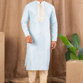 Men's Sky Blue Art Silk Kurta Pyjama Set with Subtle Self - Weave and Contrast Placket - Mangaldeep NX