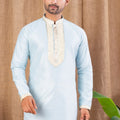 Men's Sky Blue Art Silk Kurta Pyjama Set with Subtle Self - Weave and Contrast Placket - Mangaldeep NX