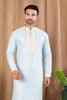 Men's Sky Blue Art Silk Kurta Pyjama Set with Subtle Self - Weave and Contrast Placket - Mangaldeep NX