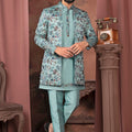 Men's Sky Blue Floral Embroidered Indo - Western Outfit for Weddings and Festive Occasions - Mangaldeep NX