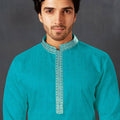 Men's Teal Blue Art Silk Kurta Pyjama Set with Mirror Embroidered Placket - Mangaldeep NX