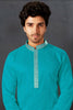 Men's Teal Blue Art Silk Kurta Pyjama Set with Mirror Embroidered Placket - Mangaldeep NX