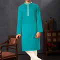 Men's Teal Blue Art Silk Kurta Pyjama Set with Mirror Embroidered Placket - Mangaldeep NX