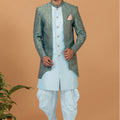 Men's Teal Blue Brocade Silk Indo Western Sherwani Dhoti Style - Mangaldeep NX