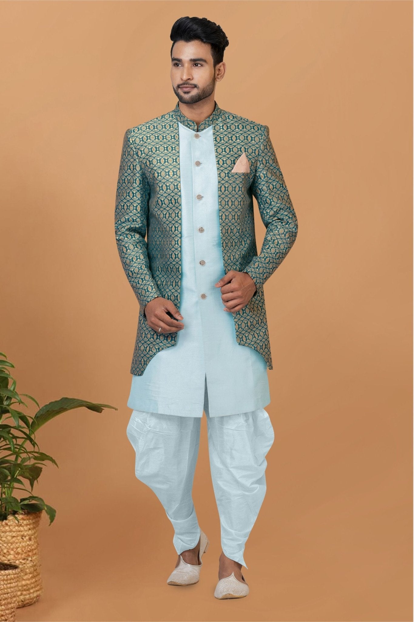 Men's Teal Blue Brocade Silk Indo Western Sherwani Dhoti Style - Mangaldeep NX