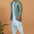 Men's Teal Blue Brocade Silk Indo Western Sherwani Dhoti Style - Mangaldeep NX