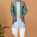 Men's Teal Blue Brocade Silk Indo Western Sherwani Dhoti Style - Mangaldeep NX
