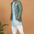Men's Teal Blue Brocade Silk Indo Western Sherwani Dhoti Style - Mangaldeep NX