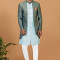 Men's Teal Blue Brocade Silk Indo Western Sherwani Pant Style - Mangaldeep NX