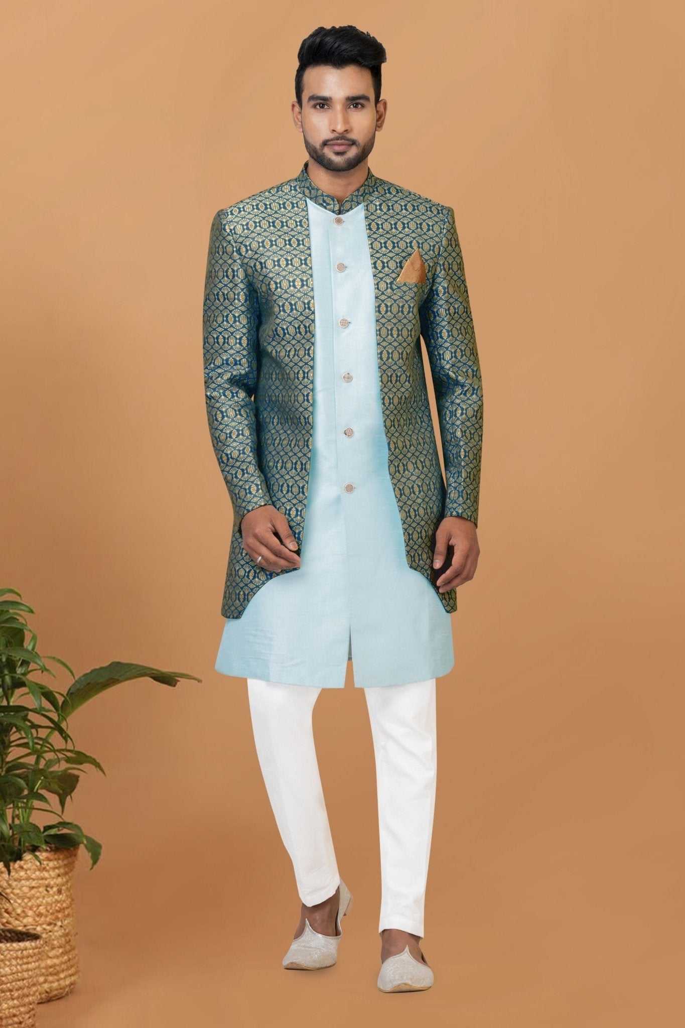 Men's Teal Blue Brocade Silk Indo Western Sherwani Pant Style - Mangaldeep NX